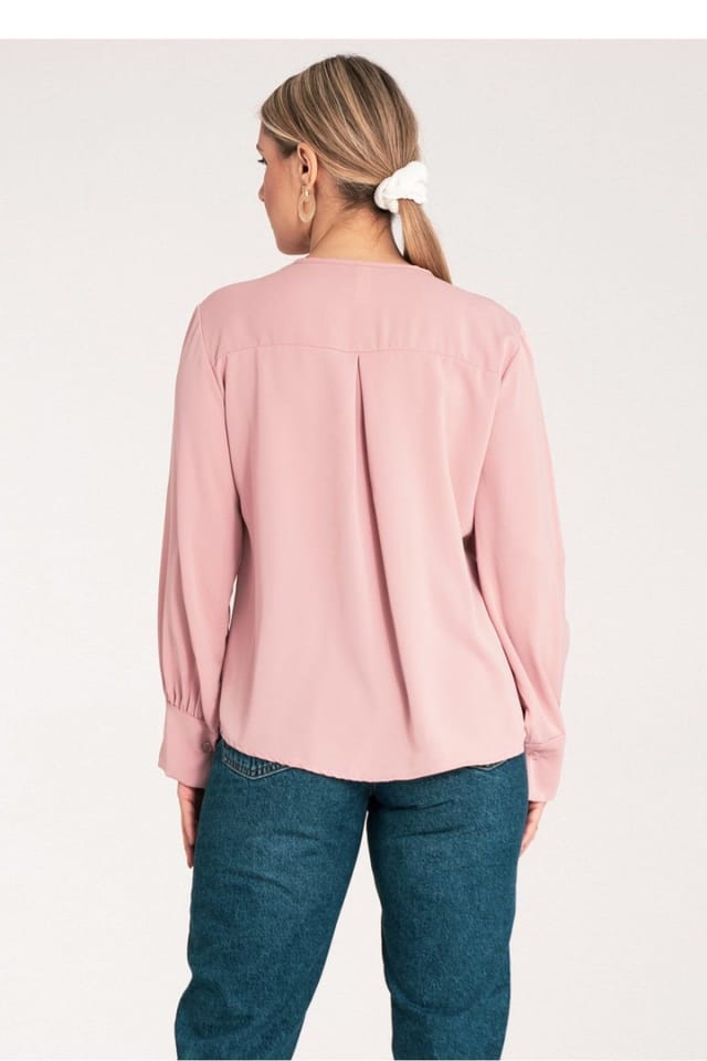 Love Lace Love Lace Women's Satin Long Sleeve V Neck Blouse with Buttons in Pink - 3