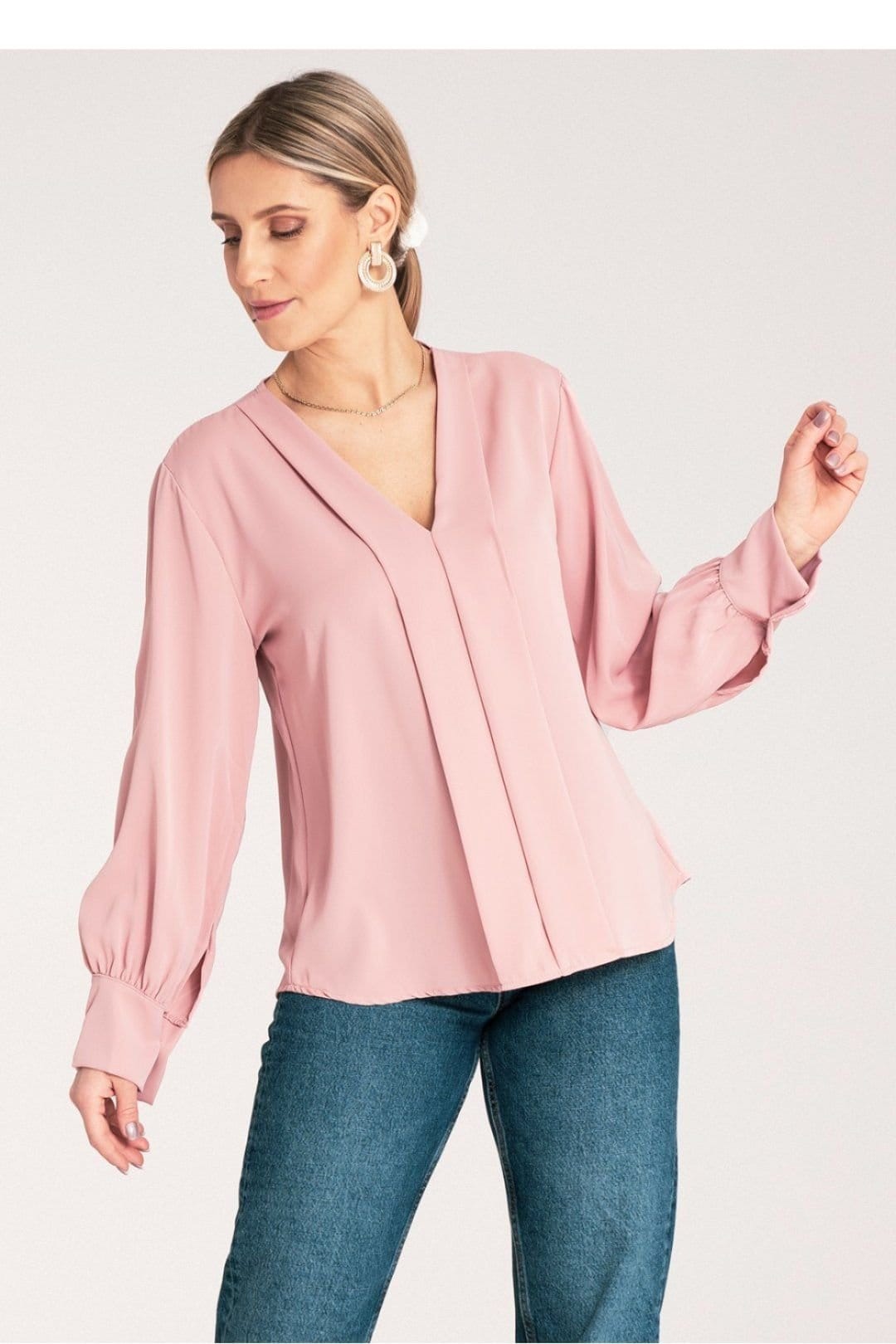 Love Lace Love Lace Women's Satin Long Sleeve V Neck Blouse with Buttons in Pink - 4