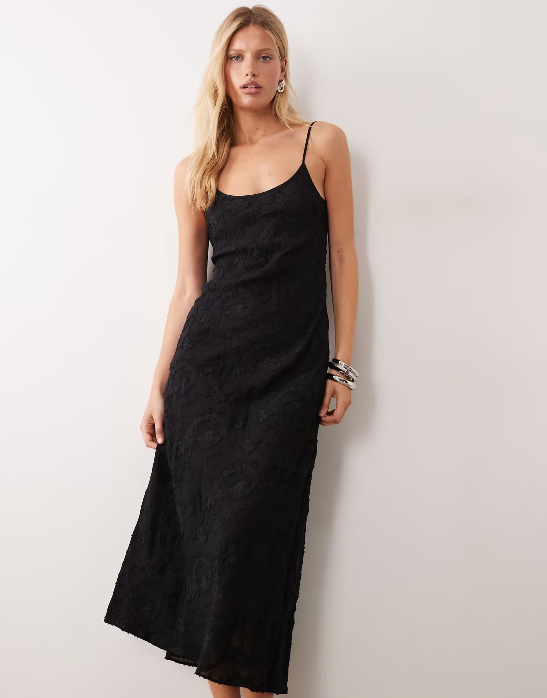 ASOS Mango strappy scoop neck textured midi dress in black