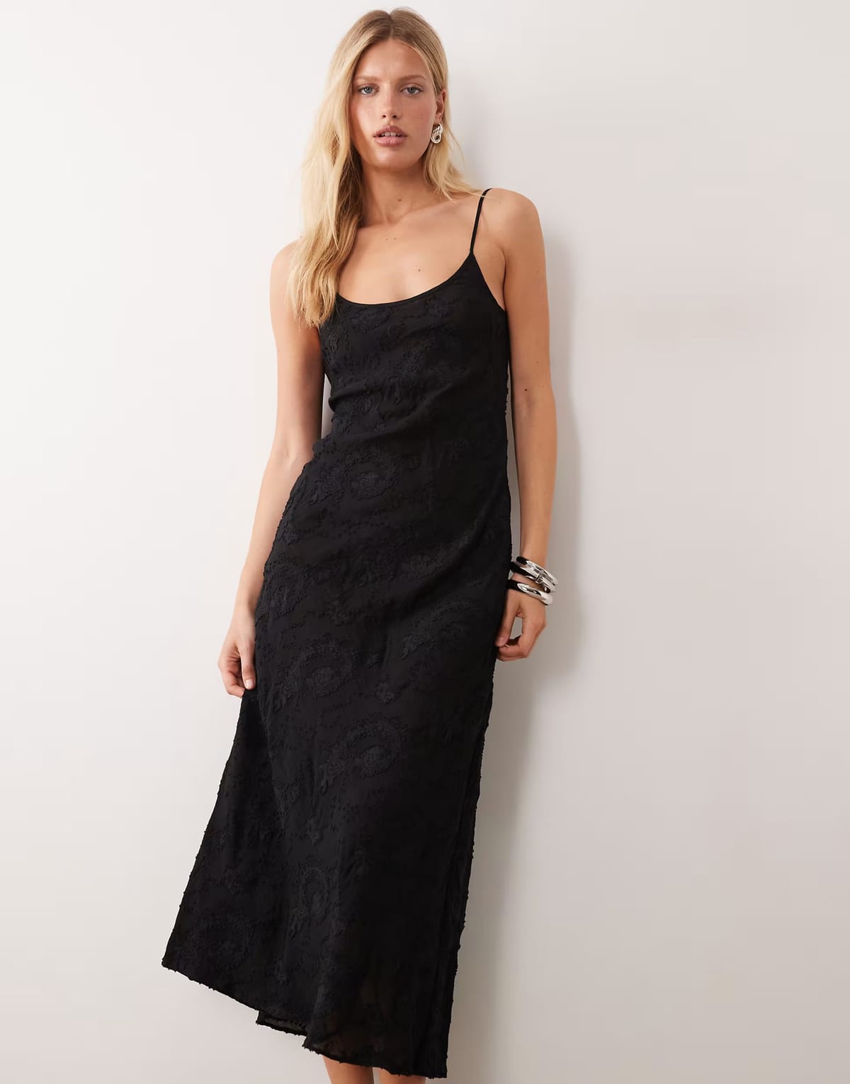 ASOS Mango strappy scoop neck textured midi dress in black - 1