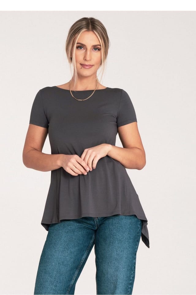 Love Lace Love Lace Women's Back Frill Cutout Round Neck Short Sleeve Blouse in Grey - 2