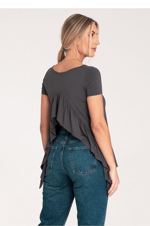 Love Lace Love Lace Women's Back Frill Cutout Round Neck Short Sleeve Blouse in Grey - 3
