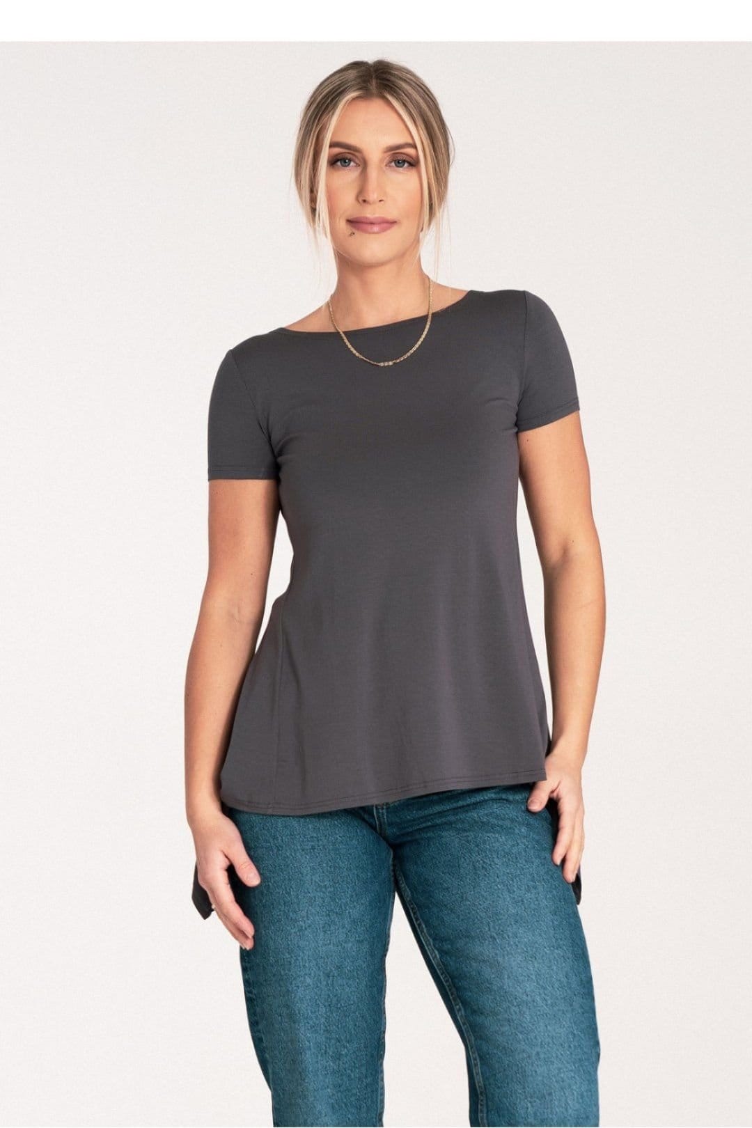 Love Lace Love Lace Women's Back Frill Cutout Round Neck Short Sleeve Blouse in Grey - 4