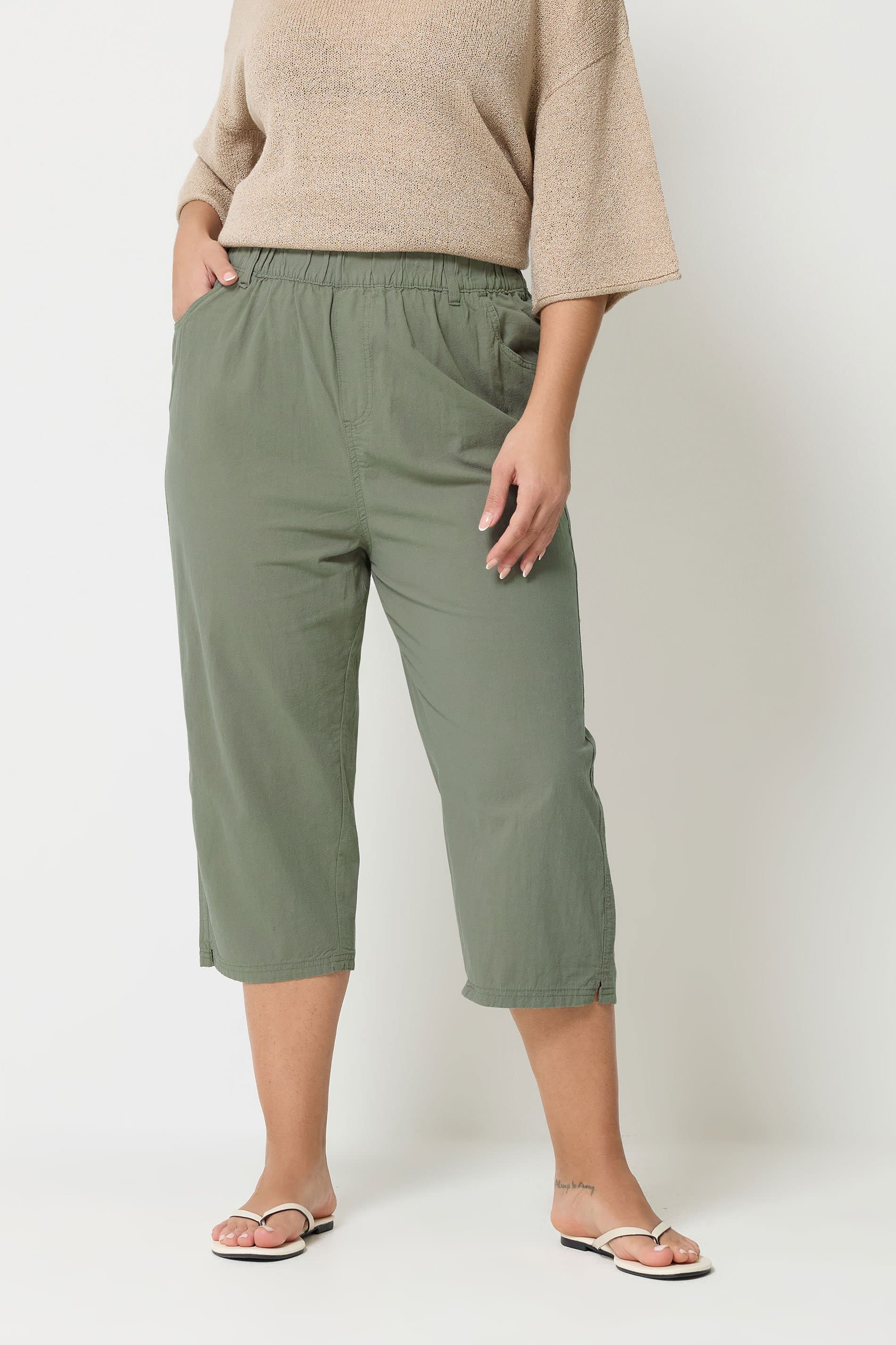Yours Plus Size Green Khaki Cool Cotton Cropped Trousers