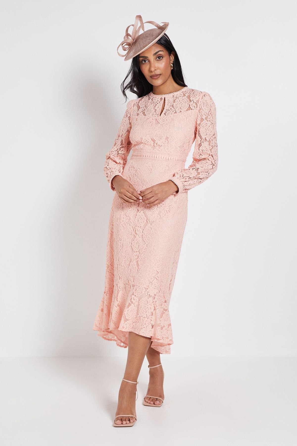Wallis Wallis Women's Petite Lace High Neck Ruffle Midi Dress in Peach