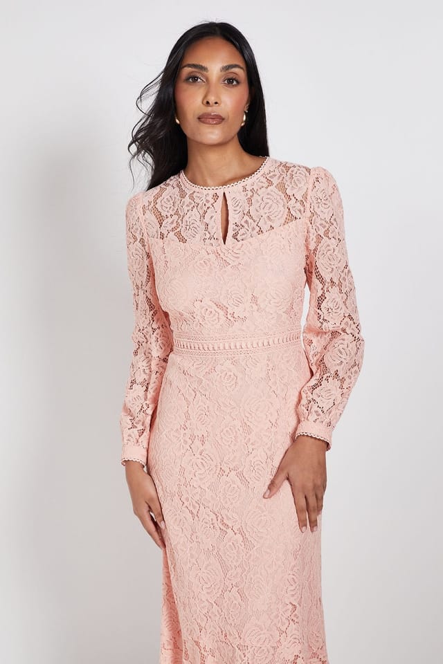 Wallis Wallis Women's Petite Lace High Neck Ruffle Midi Dress in Peach - 2