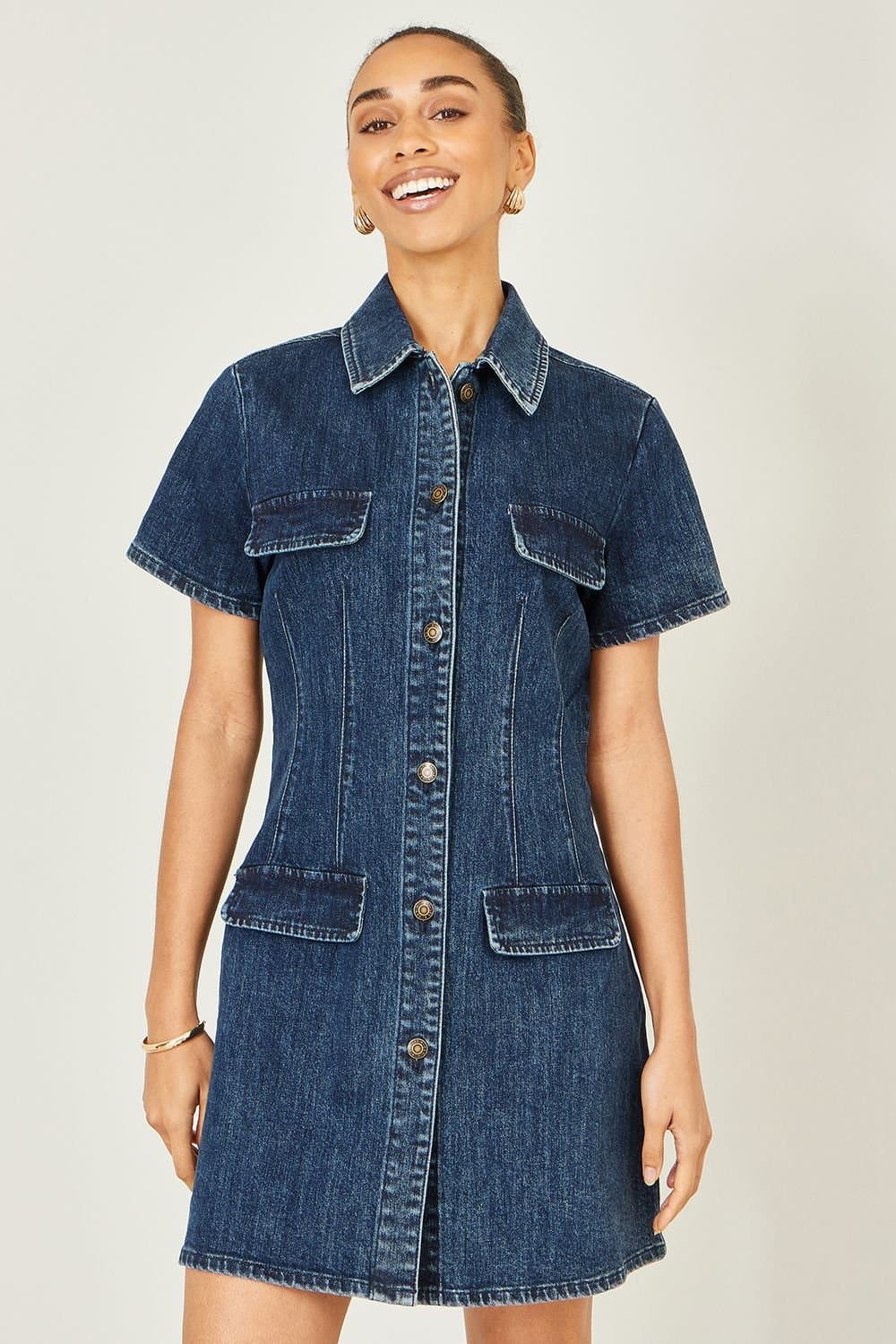 Yumi Yumi Women's Blue Denim Stretch Shirt Dress With Pocket Details