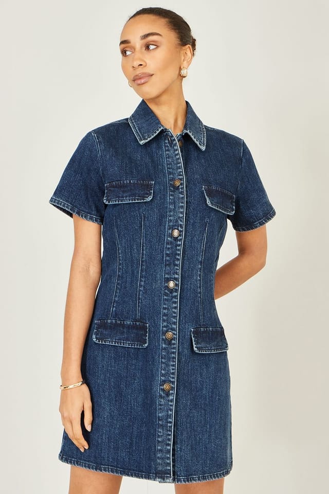 Yumi Yumi Women's Blue Denim Stretch Shirt Dress With Pocket Details - 2