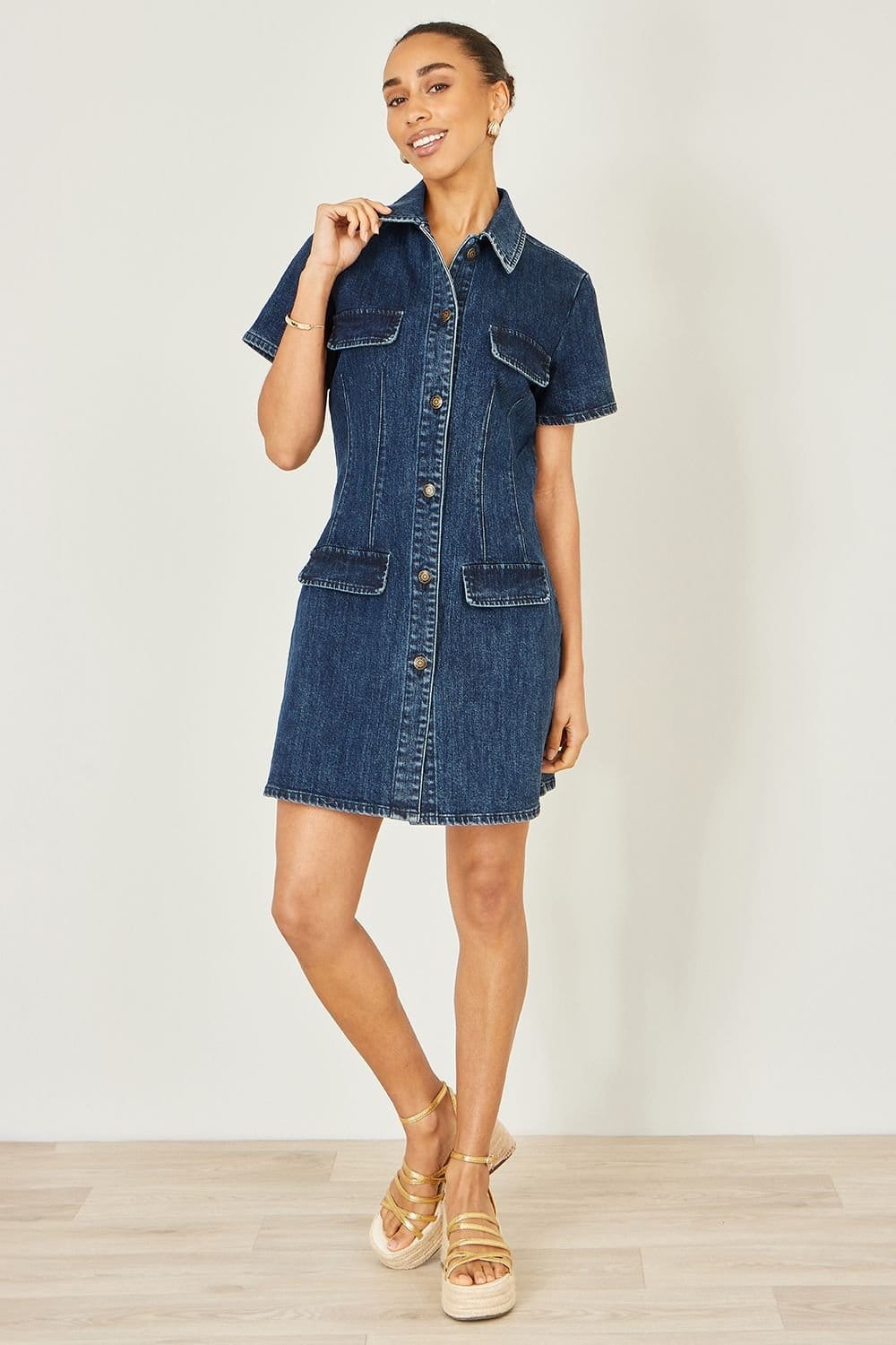 Yumi Yumi Women's Blue Denim Stretch Shirt Dress With Pocket Details - 4