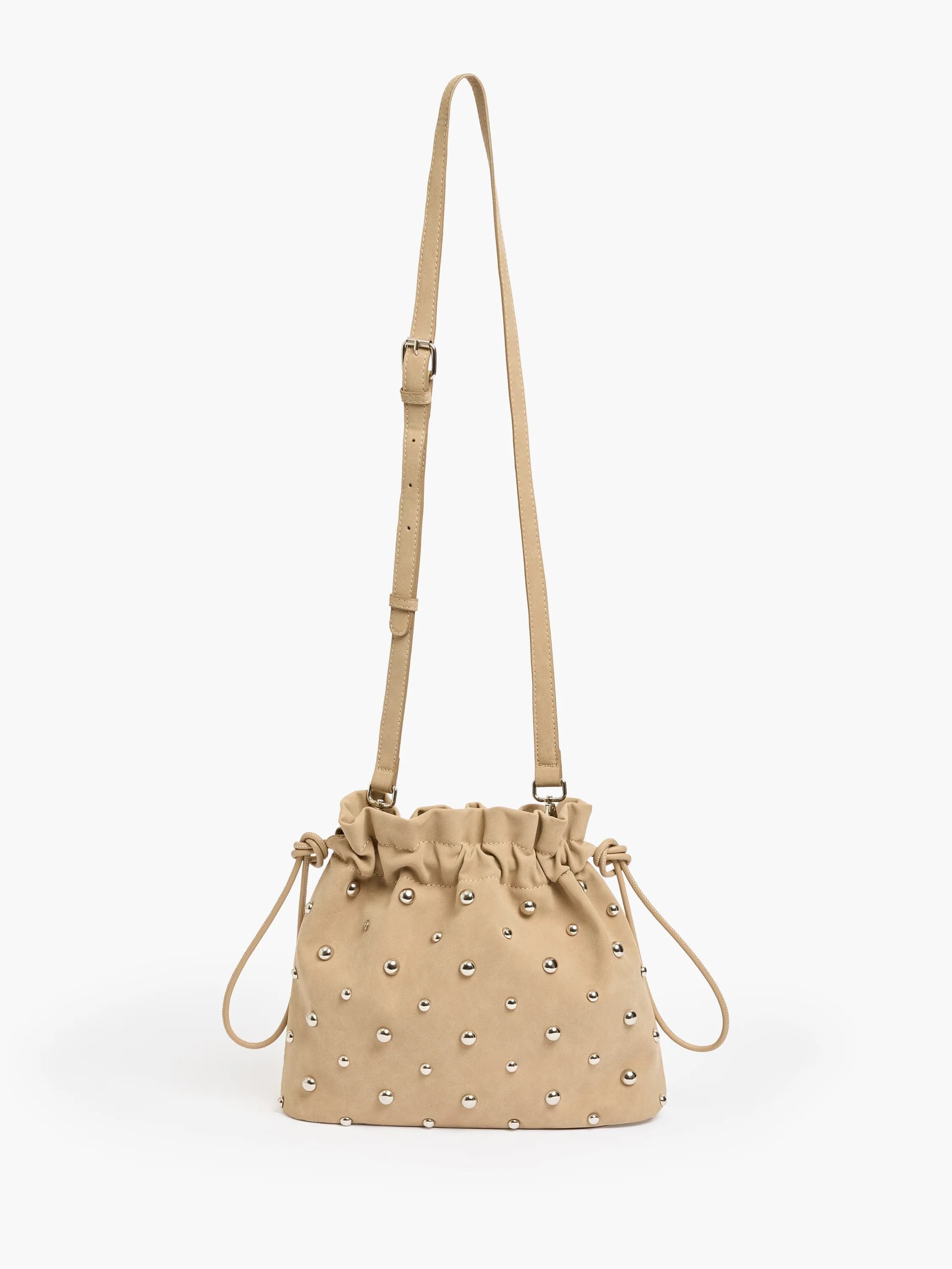 French Connection Faux Suede Studded Bucket Bag Mink Brown
