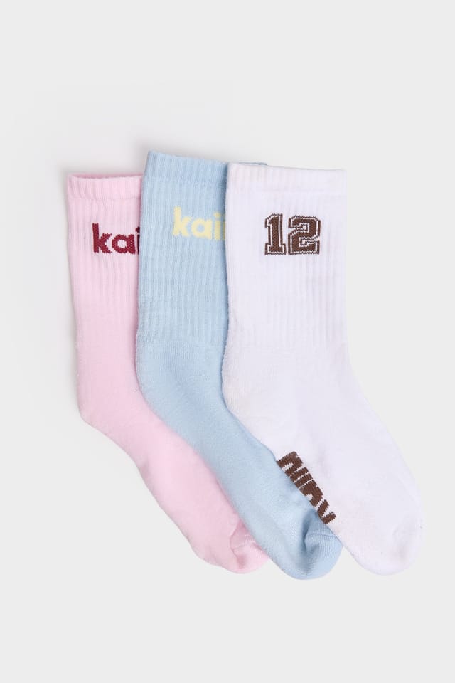 Kaiia Pack of Three Kaiia Varsity Socks Cream, Baby Blue & Baby Pink - 2