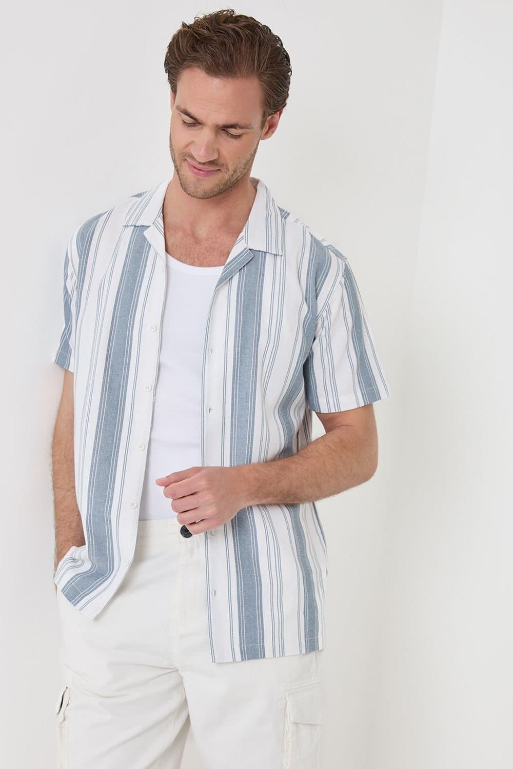 Threadbare Threadbare Men's Stripe Knitted Short Sleeve Shirt in Blue