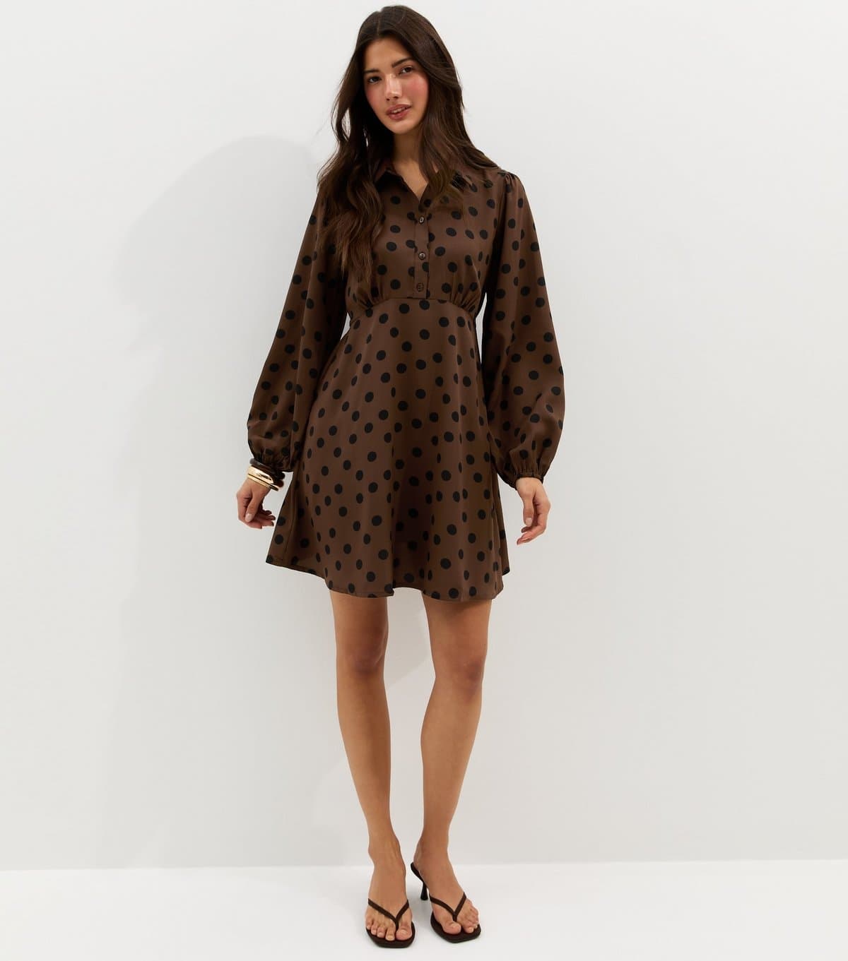 New Look Women's Dark Brown Floral Long Sleeve Mini Shirt Dress New Look