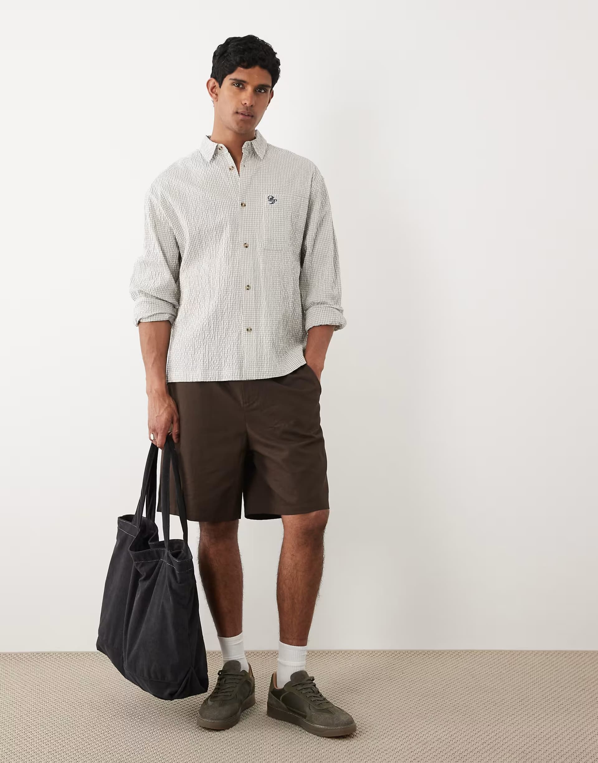 ASOS ASOS DESIGN oversized check shirt with chest embroidery in white
