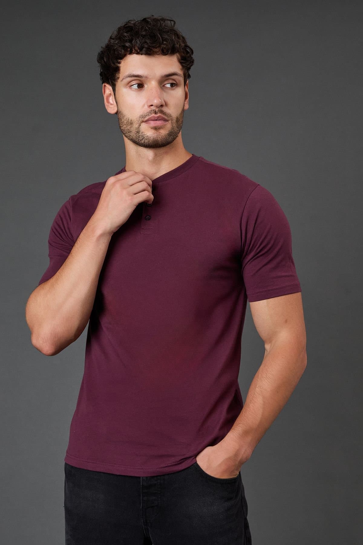 Burton Burton Men's Burgundy Grandad Neck T-Shirt
