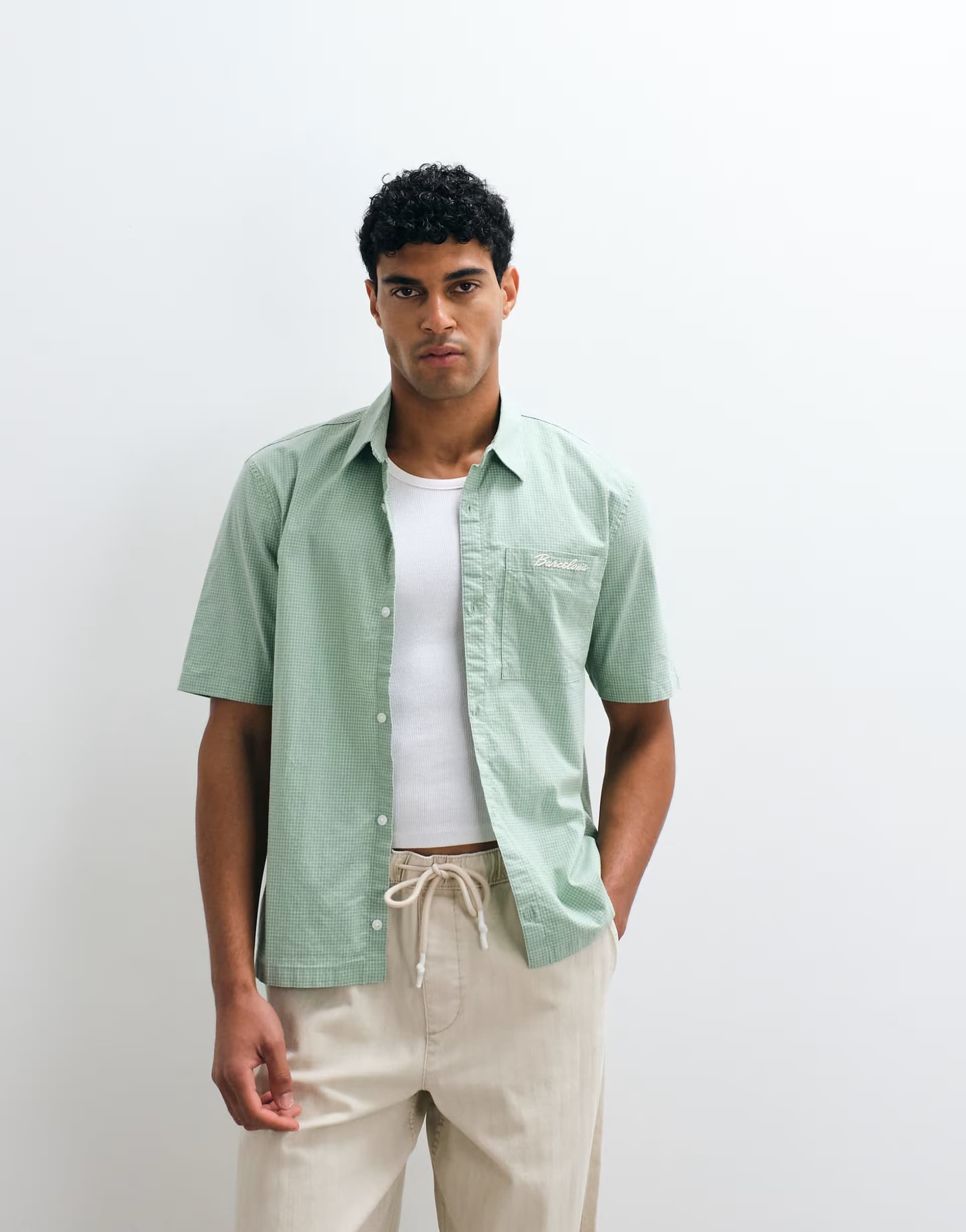 ASOS Hollister graphic short sleeve shirt in green micro check