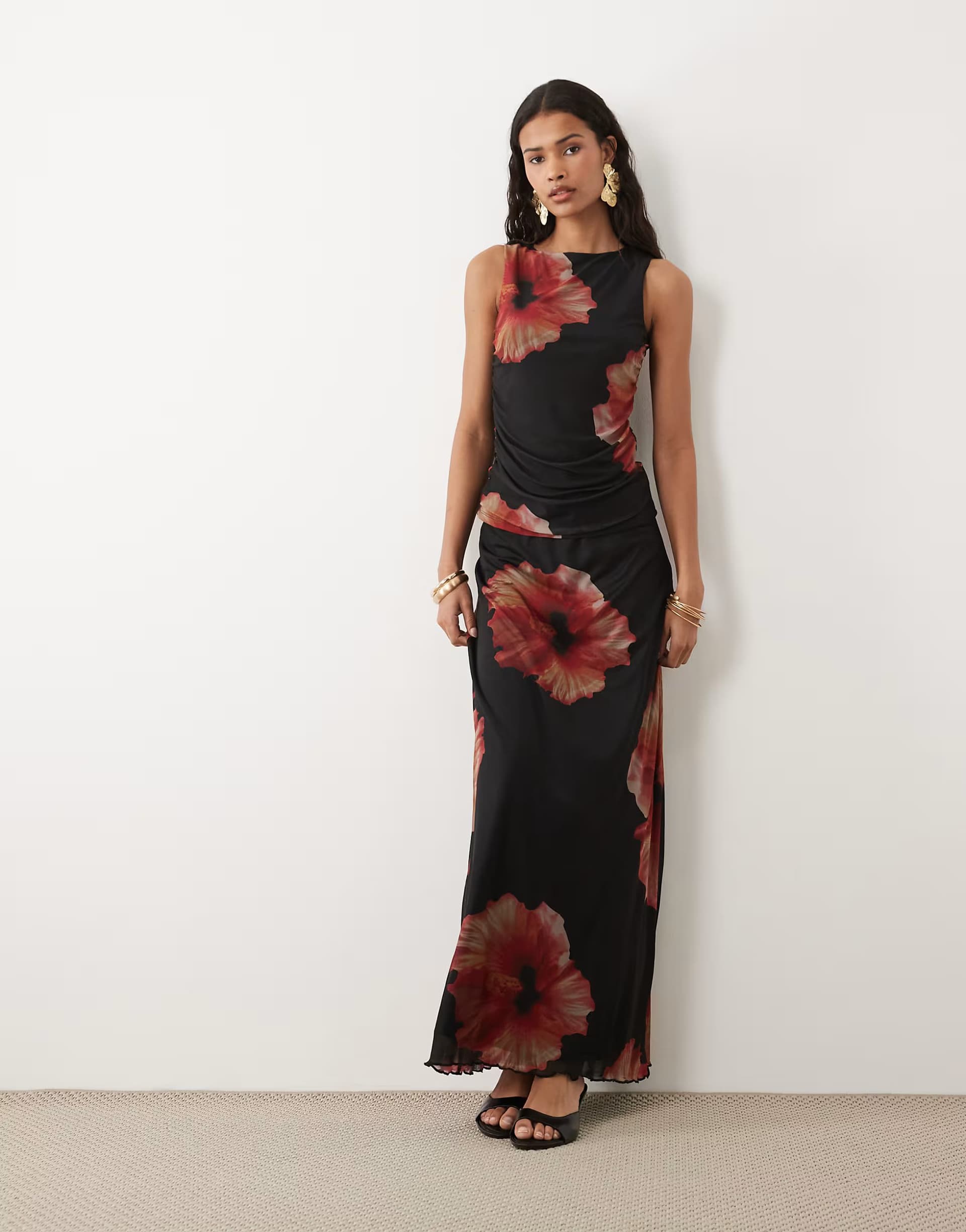 ASOS JDY ruched mesh skirt & sleeveless ruched mesh top with floral print