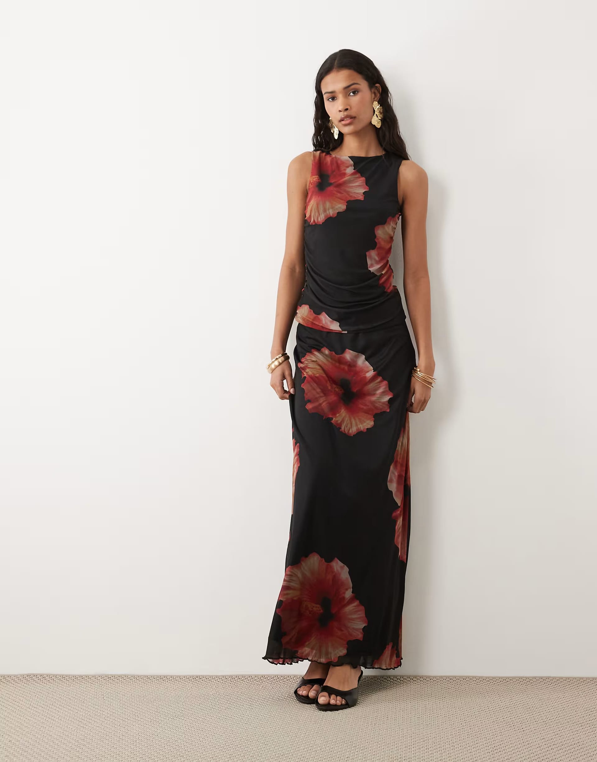ASOS Black Floral Ruche Mesh Two-Piece Set