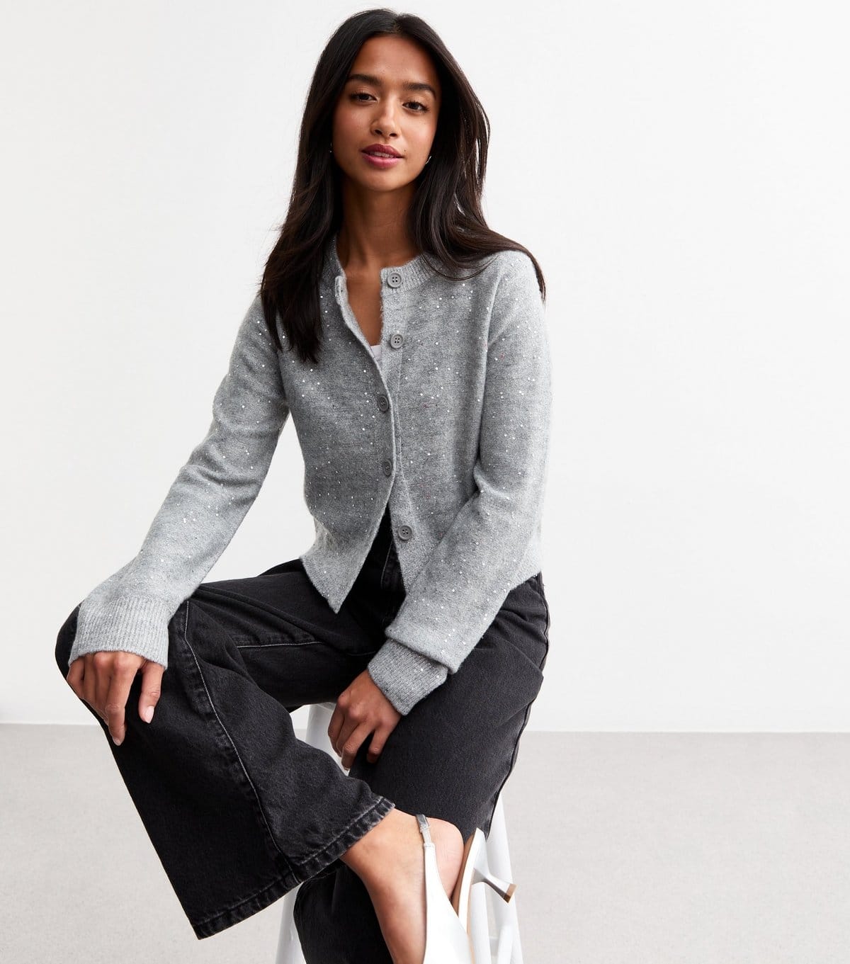 New Look Petite Grey Sequin Embellished Cardigan