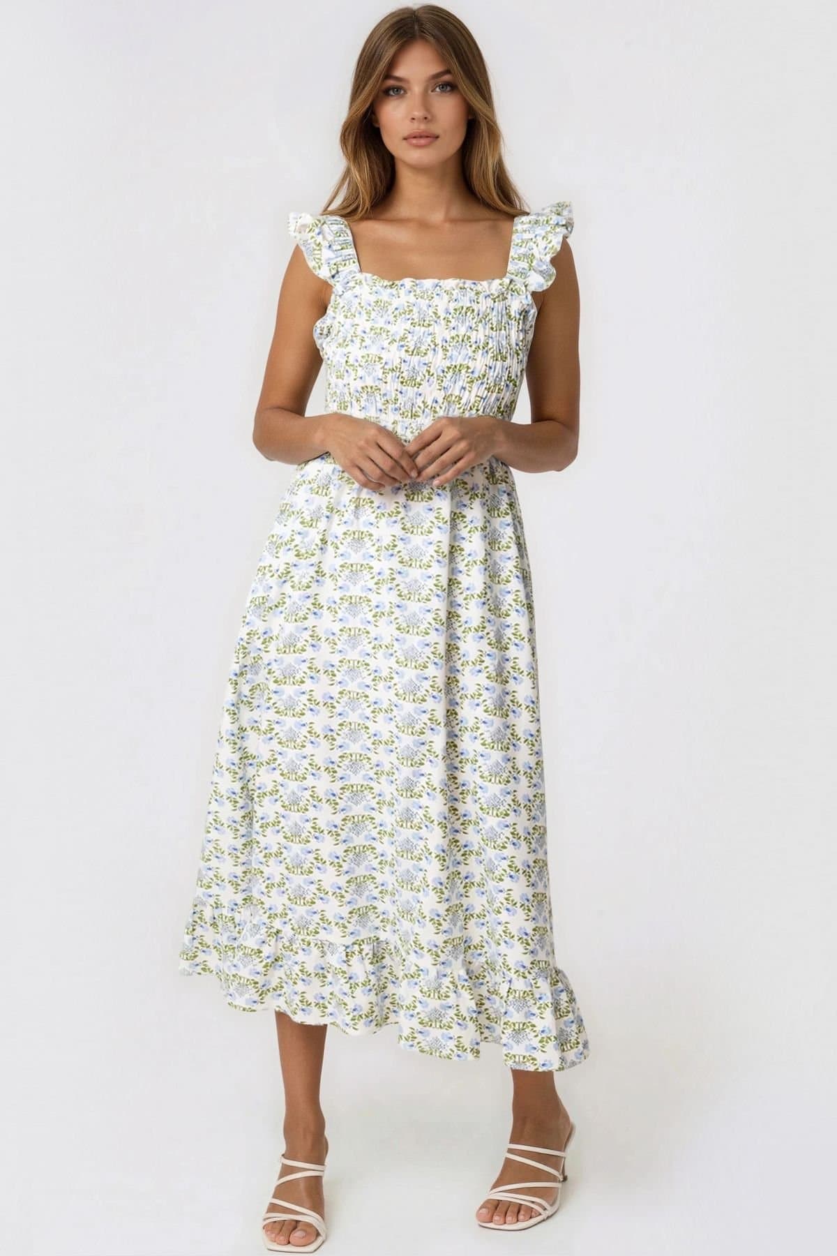 Aftershock London Aftershock London Women's Blue Floral Open Tie Back Midi Dress in White
