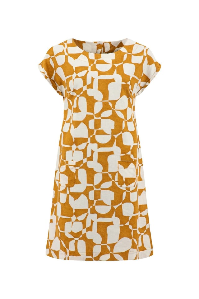 Weird Fish Weird Fish Women's Orlando Printed Linen Rich Shift Dress in Gold - 2