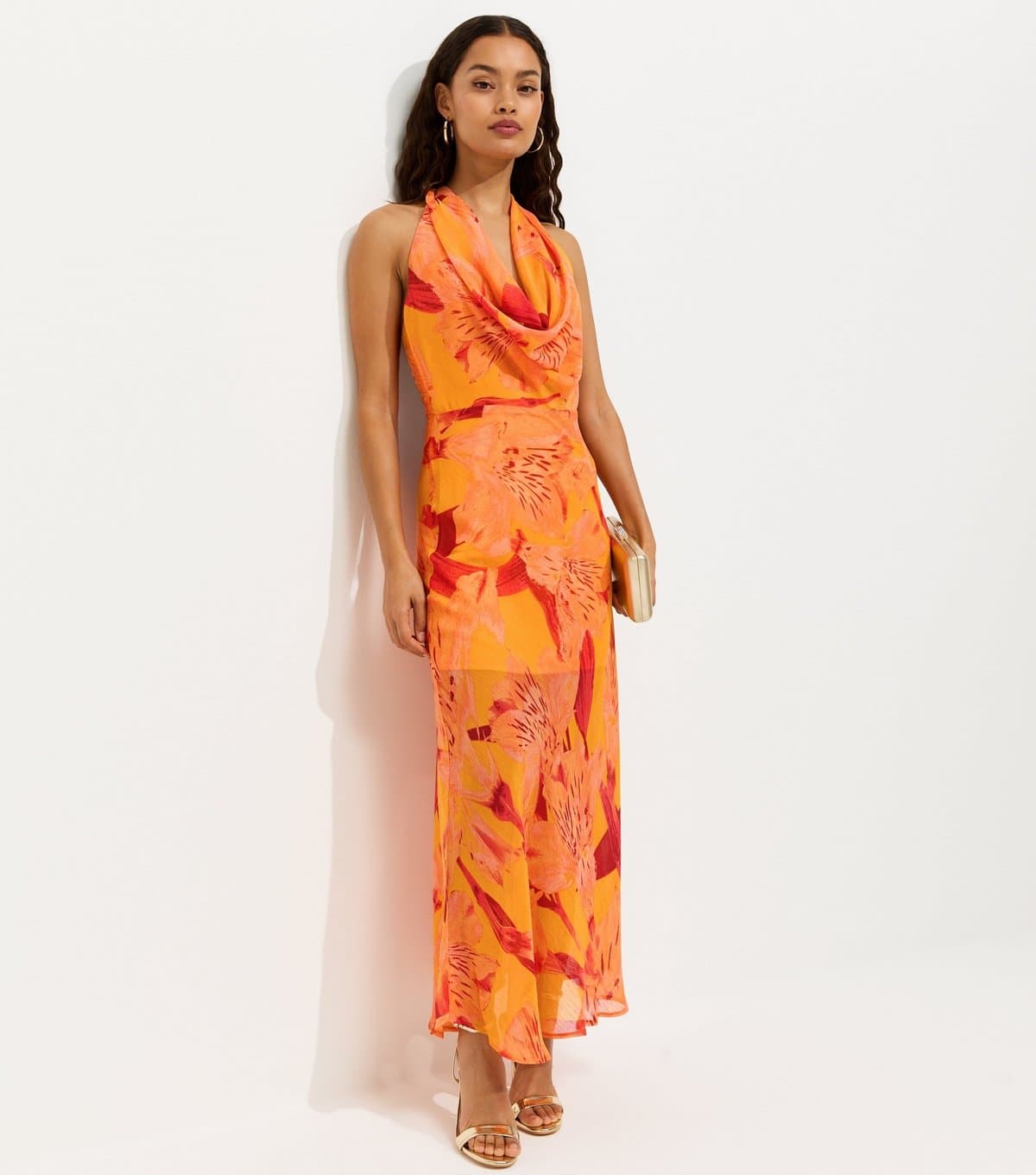 New Look Women's Petite Orange Floral Print Halter Neck Maxi Dress New Look