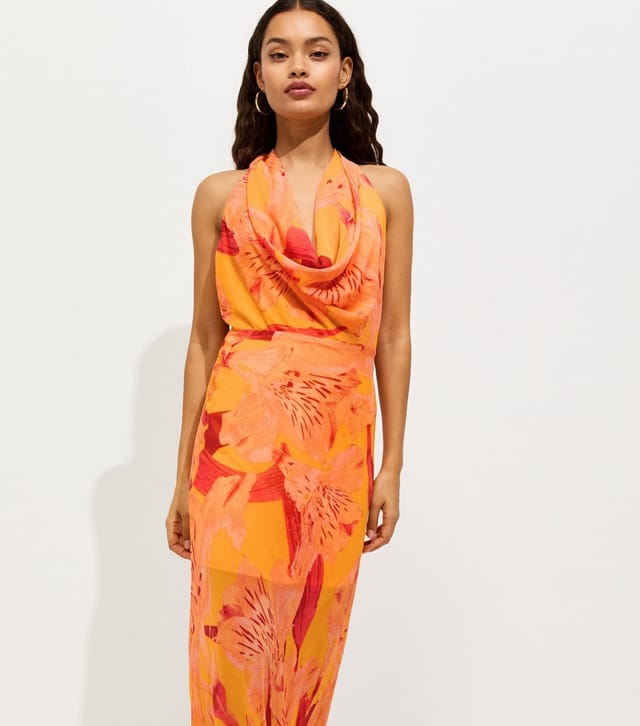 New Look Women's Petite Orange Floral Print Halter Neck Maxi Dress New Look - 2