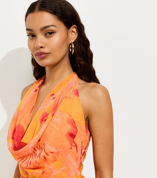 New Look Women's Petite Orange Floral Print Halter Neck Maxi Dress New Look - 3