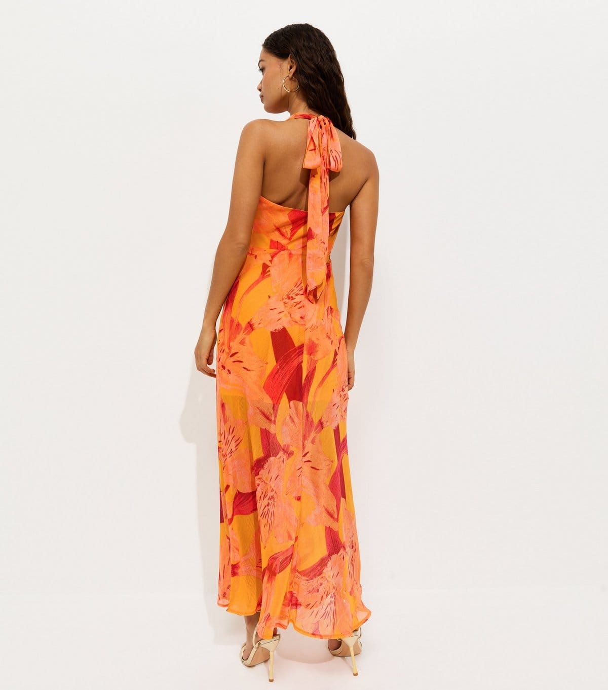 New Look Women's Petite Orange Floral Print Halter Neck Maxi Dress New Look - 4