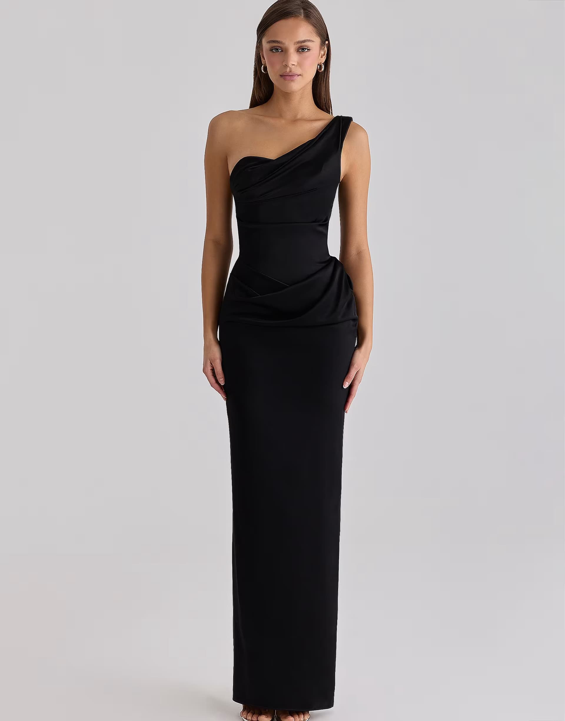 ASOS House of CB Caprice black satin one shoulder maxi dress in black