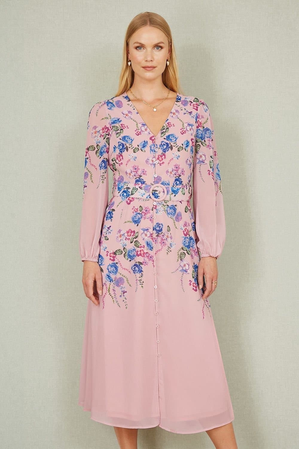 Yumi Yumi Women's Pink Floral Placement Button Down Midi Dress With Long Sleeves