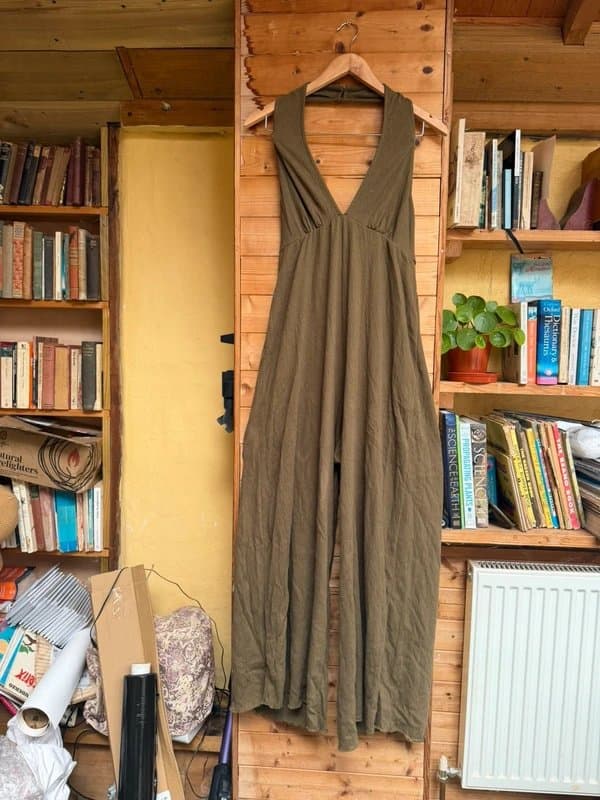 ASOS ASOS Design khaki green crinkle wide leg jumpsuit halter - UK 14