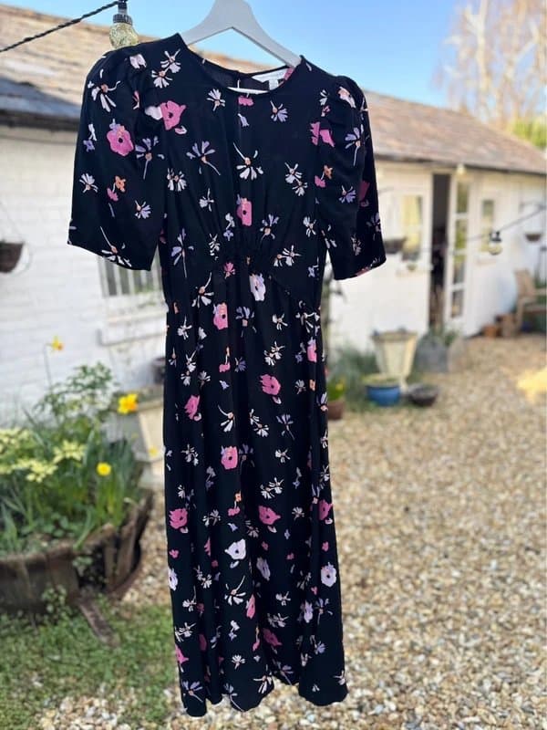 Marks & Spencer M&S x Ghost Black Floral Midi Dress UK 8 Viscose Puff Sleeve Ruched