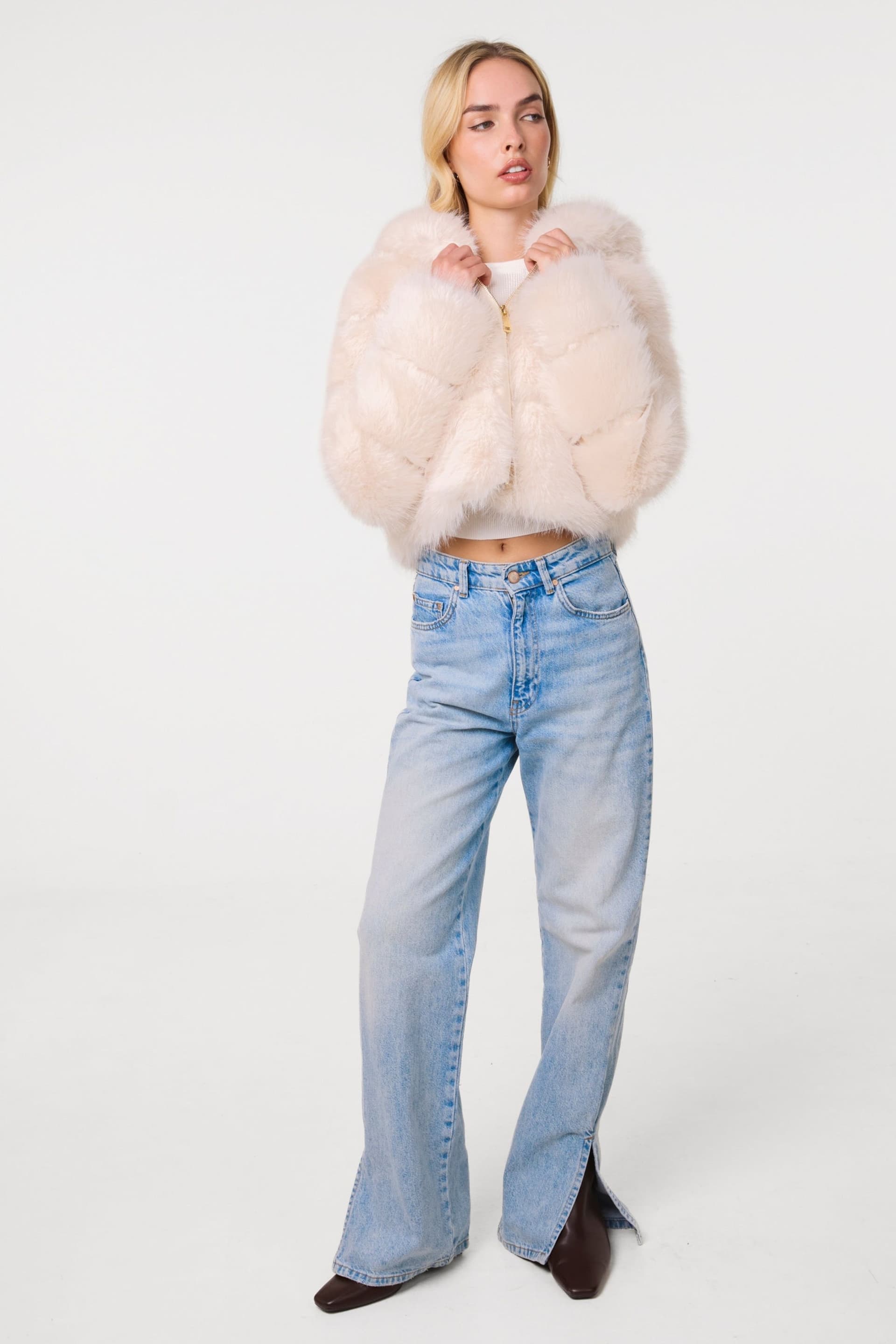 Pink Vanilla Pink Vanilla Women's Off White Hooded Faux Fur Cropped Coat in Cream