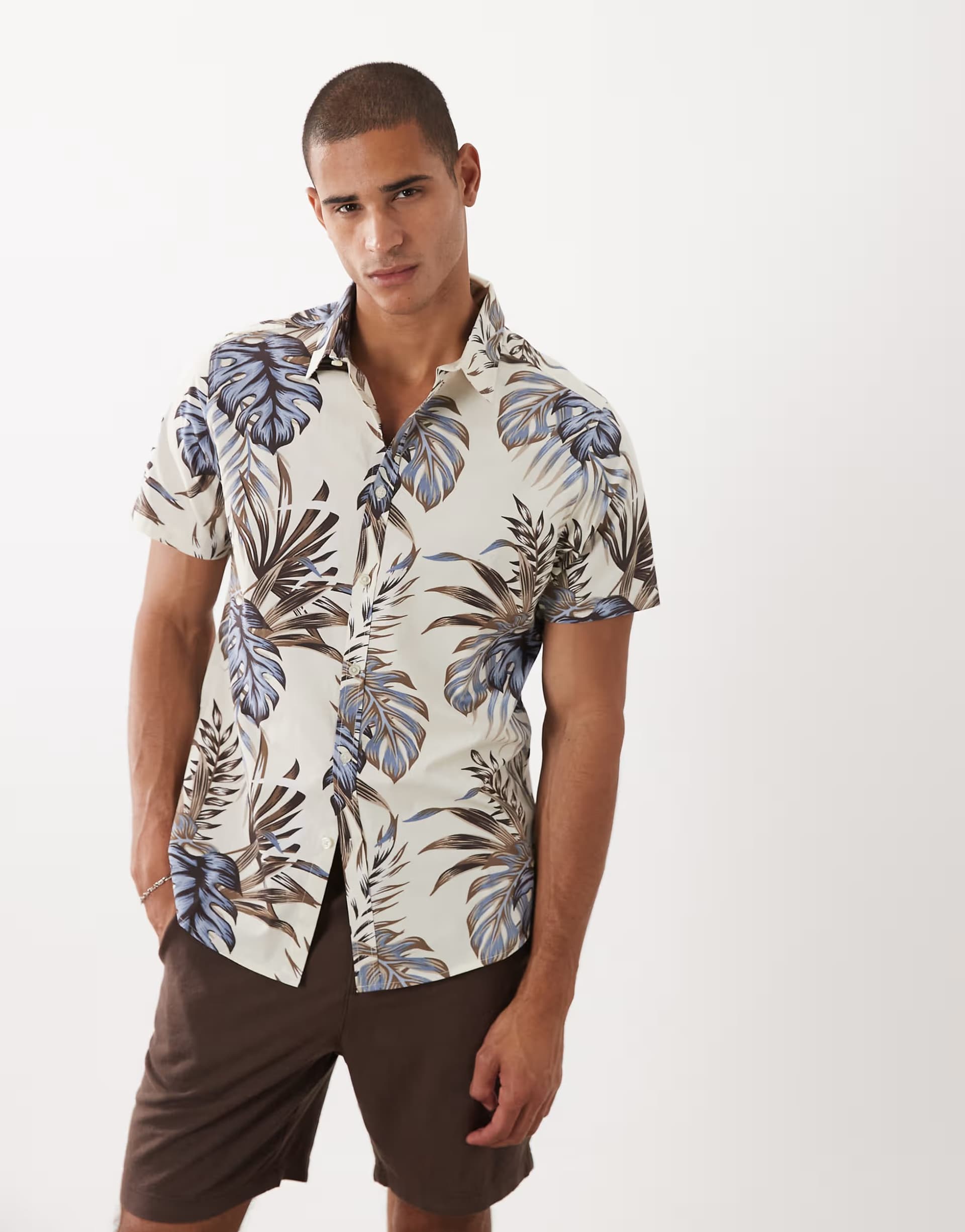 ASOS Threadbare short sleeve shirt with palm print in ecru