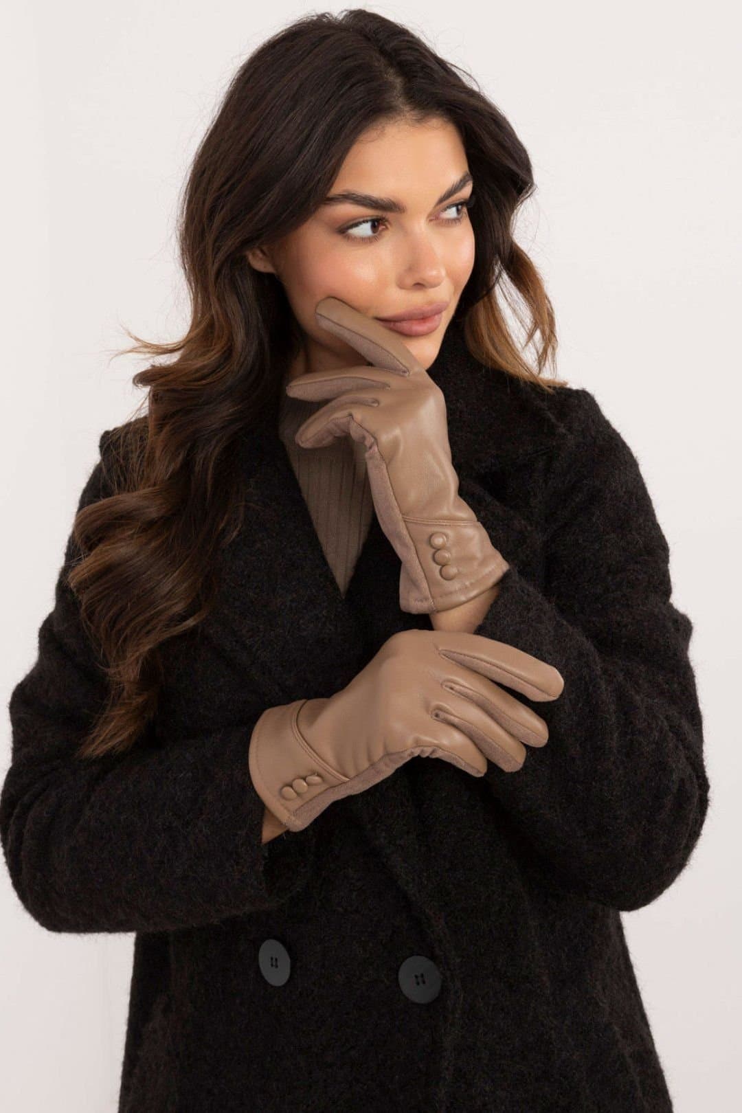 Love Lace Love Lace Women's Insulated Leather Gloves with Phone Touch Flower Embroidery in Beige