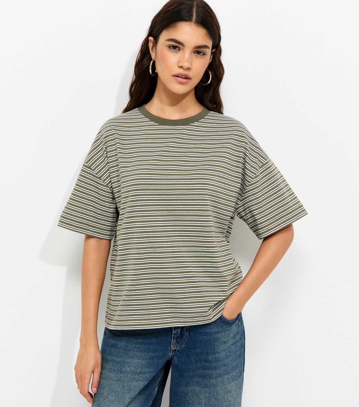 New Look Women's Khaki Cotton Striped Oversized Boxy T-Shirt New Look