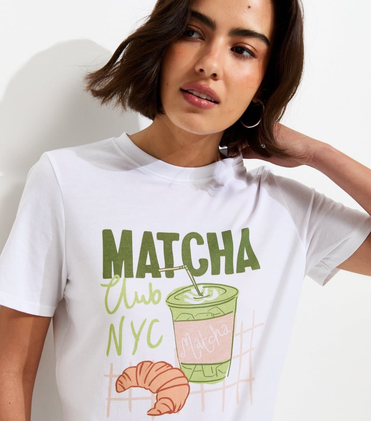New Look Women's White Cotton Matcha Print Relaxed T-Shirt New Look
