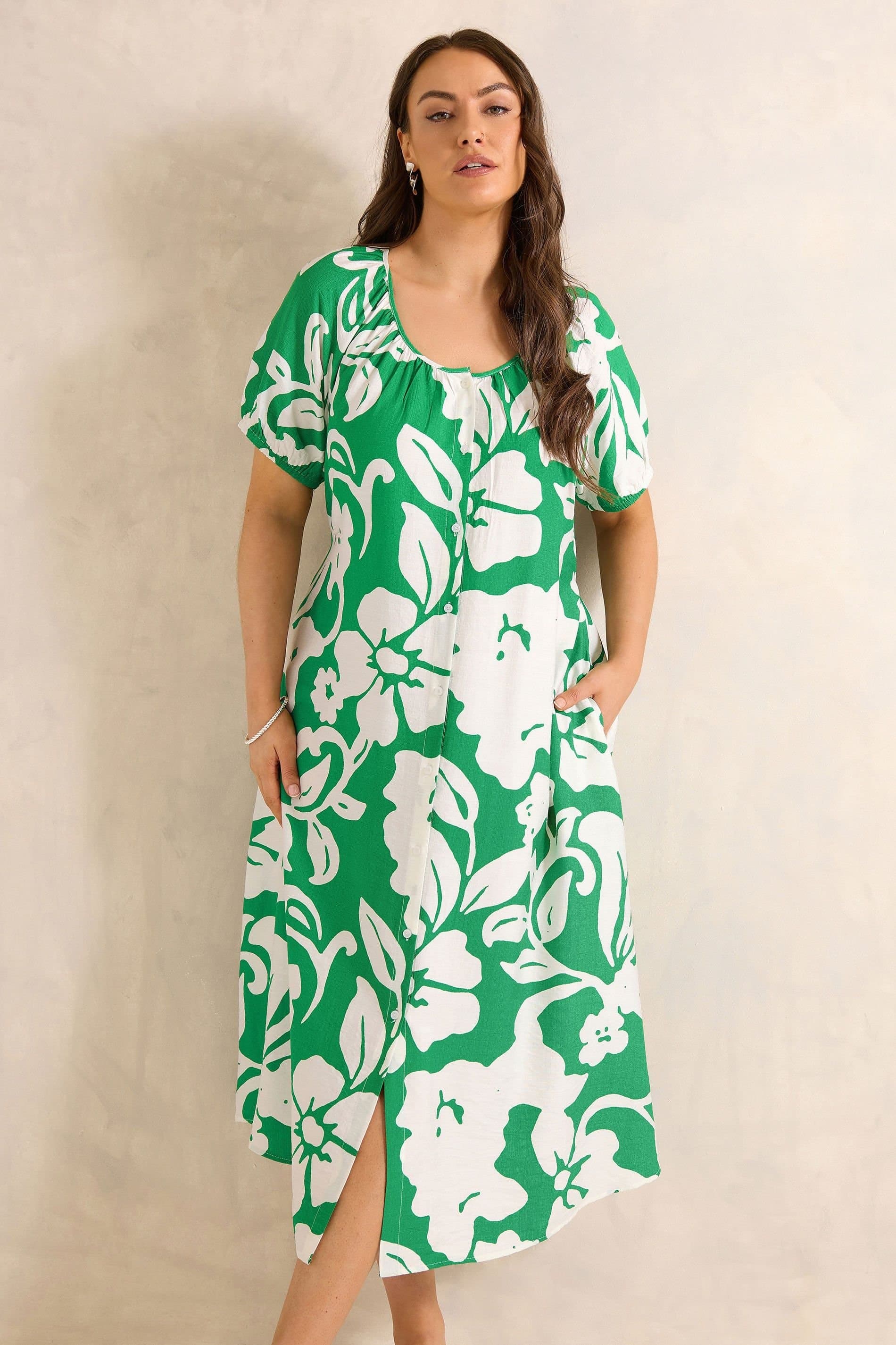 Evans Evans Women's Floral Swing Midi Dress in Green