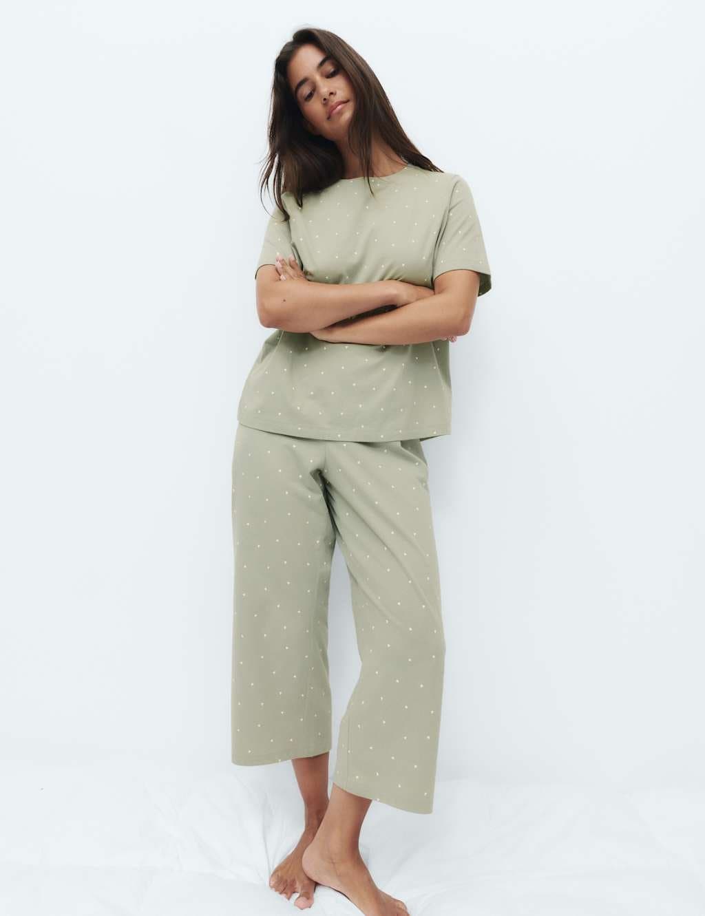 Marks & Spencer M&S Cotton Rich Printed Cropped Pyjama Set Soft Green