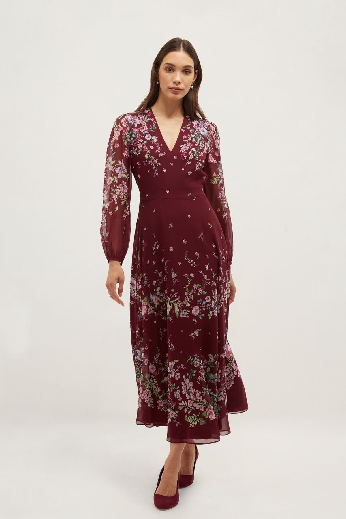 Hobbs London Hobbs London Women's Maeve Silk V-Neck Midi Dress in Burgundy