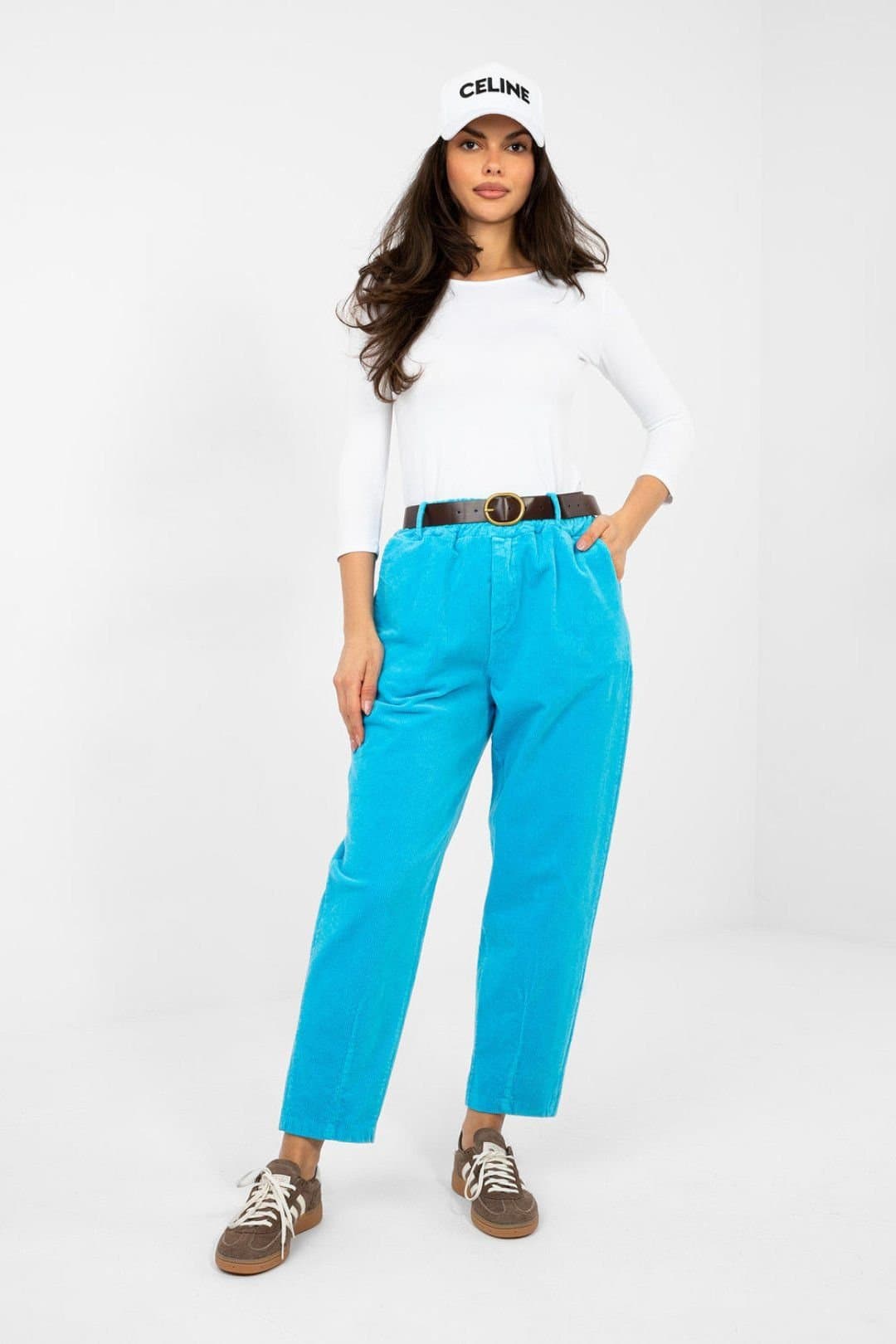 Love Lace Love Lace Women's Carrot Fit High Waisted Corduroy Trousers in Blue