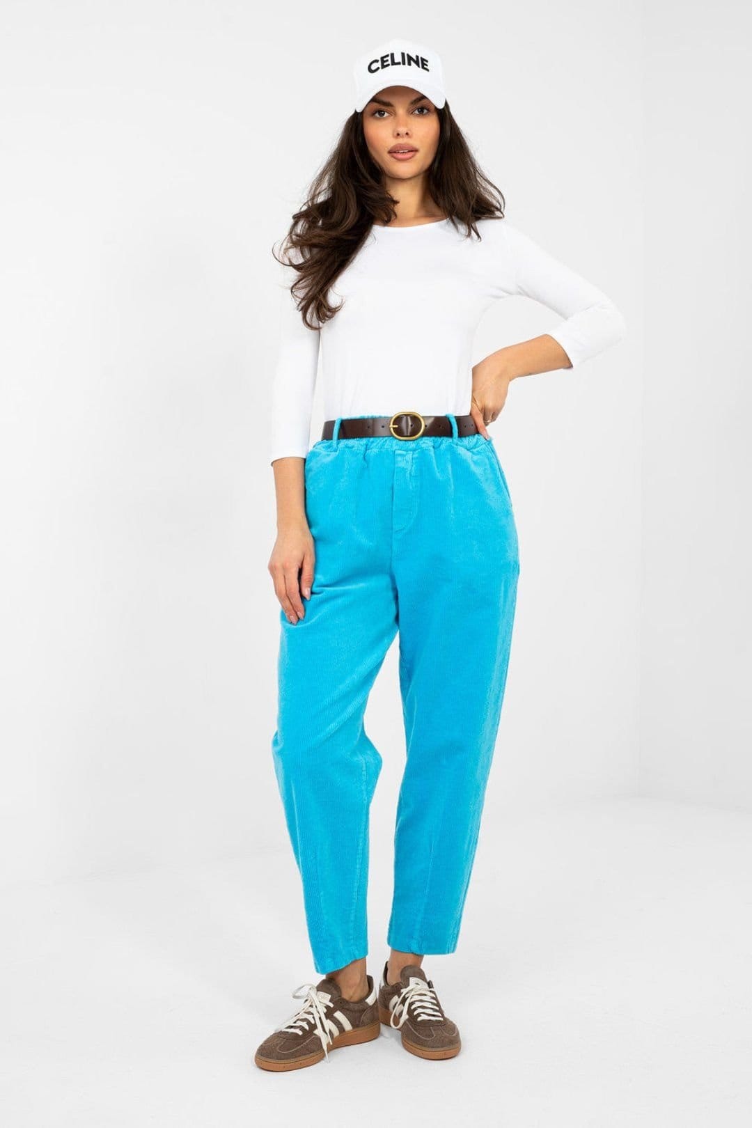 Love Lace Love Lace Women's Carrot Fit High Waisted Corduroy Trousers in Blue - 4