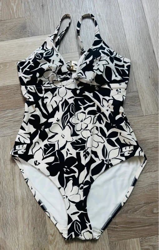 F&F Black & White Floral One-Piece Swimsuit | Cut-Out Back & Gold Detail