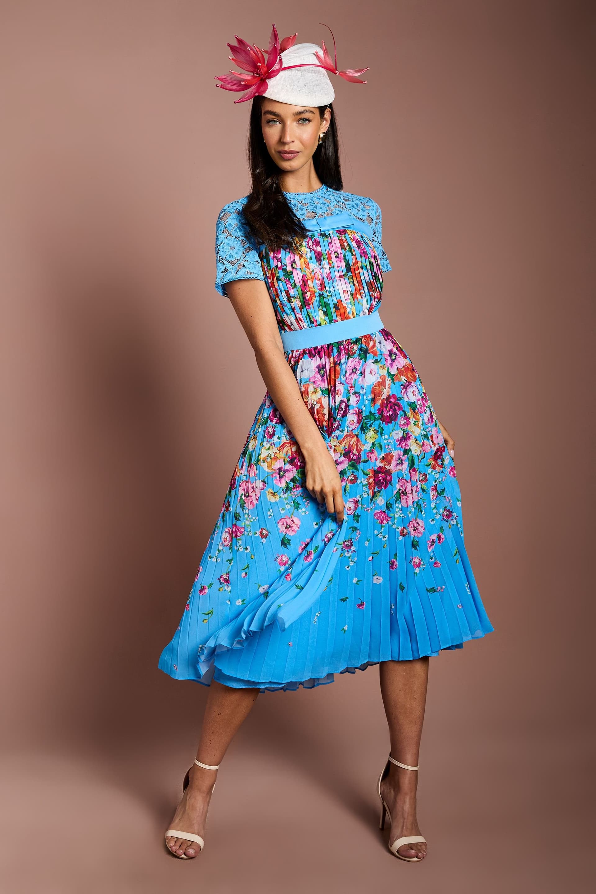 Coast Coast Women's Lisa Tan Lace Printed Pleated Midi Dress in Blue