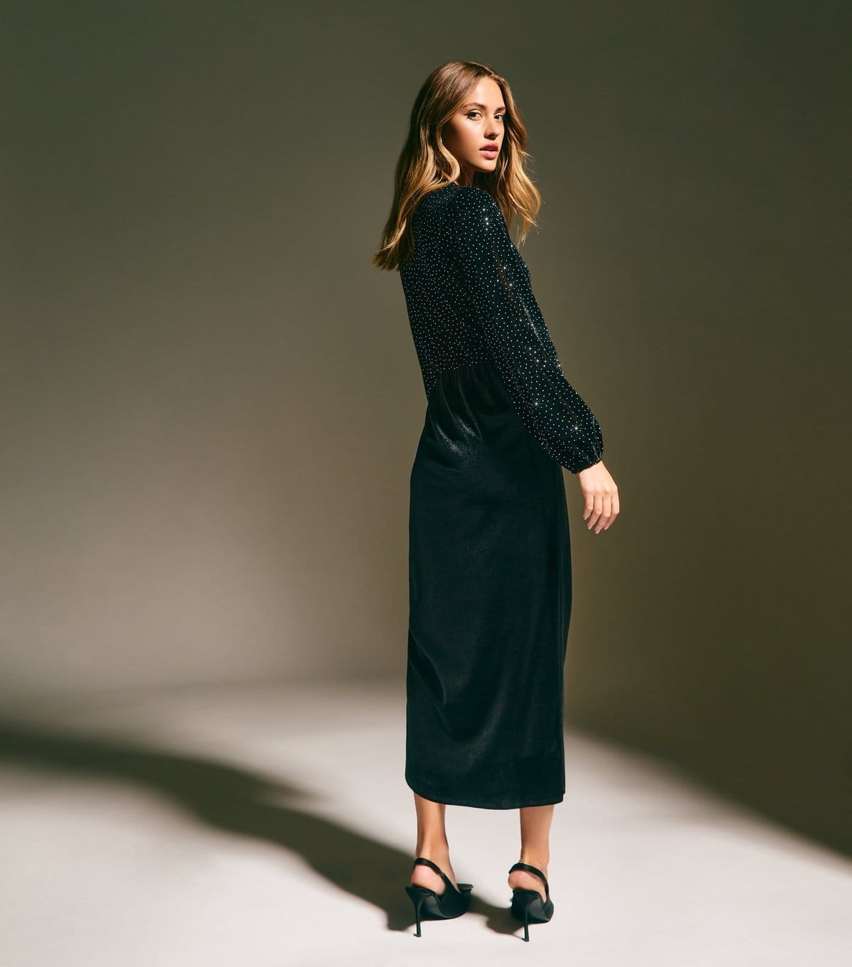 New Look Women's Black Velvet Diamante Embellished Long Sleeve Wrap Midi Dress New Look - 4