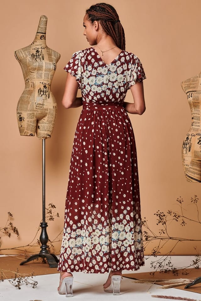 Jolie Moi Jolie Moi Women's Carlii Symmetrical Print Mesh Maxi Dress in Burgundy - 2
