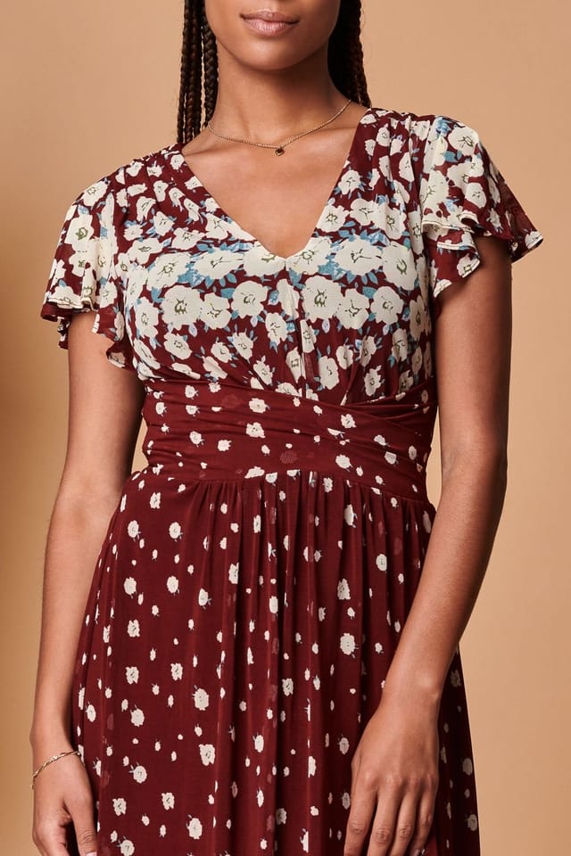 Jolie Moi Jolie Moi Women's Carlii Symmetrical Print Mesh Maxi Dress in Burgundy - 3