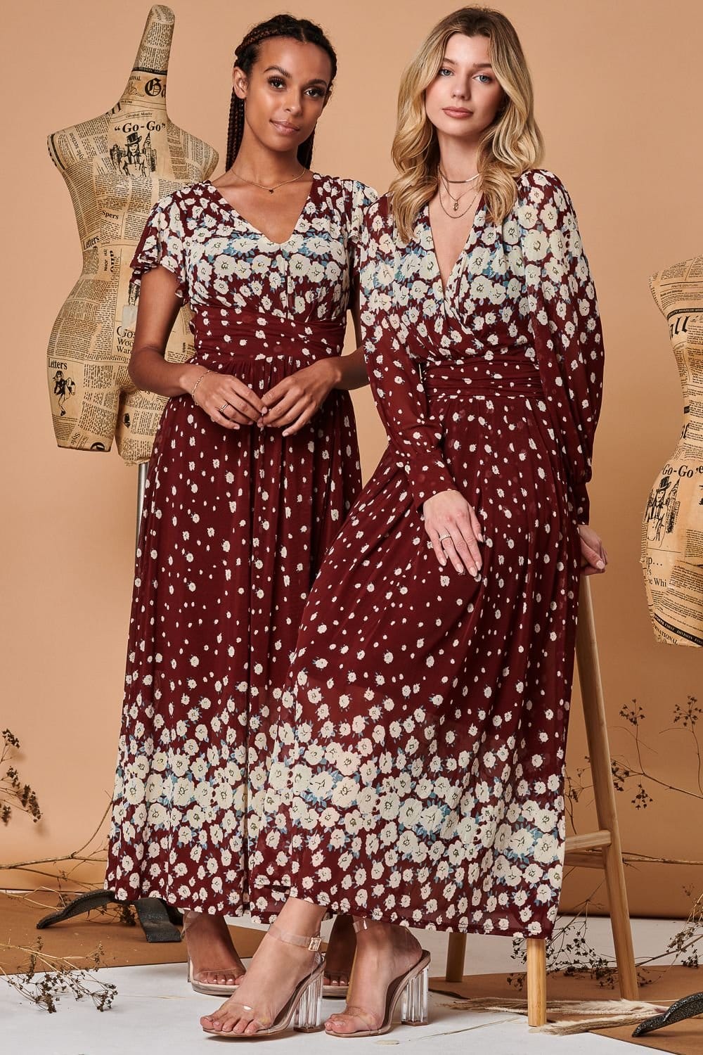 Jolie Moi Jolie Moi Women's Carlii Symmetrical Print Mesh Maxi Dress in Burgundy - 4