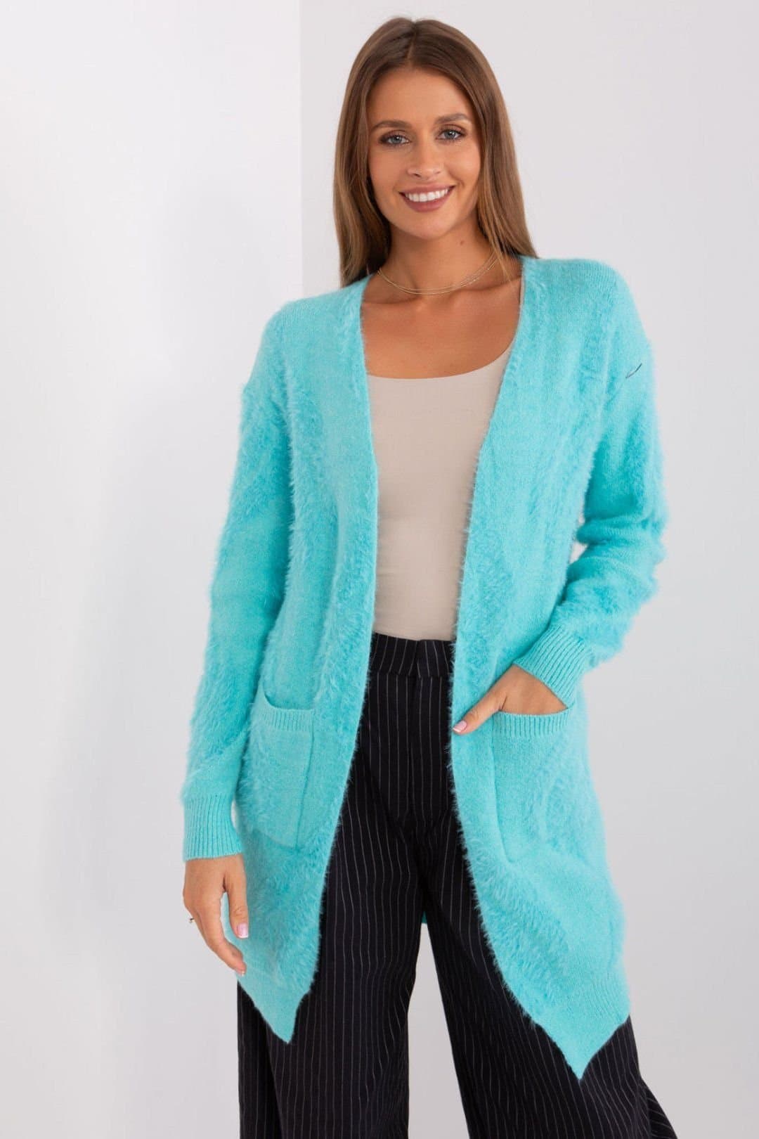 Love Lace Love Lace Women's Variegated Slip Pocket Long Sleeve Cardigan in Turquoise